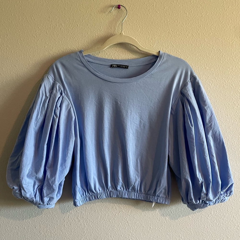 Zara Top Balloon-Sleeve Cropped Crewneck Tee Shirt Women’s Medium Baby Blue